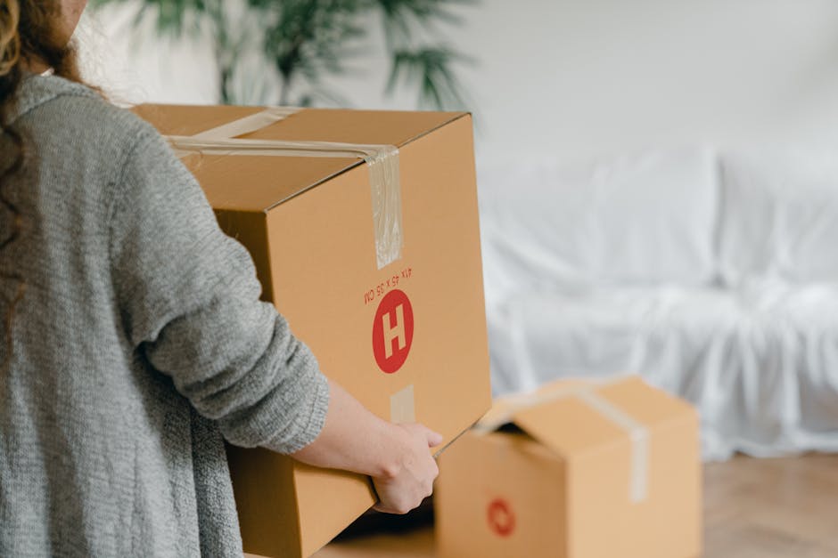 A person wearing a grey knitted sweater is seen holding a large cardboard moving box with clear packing tape sealing the top flaps, inside a home environment. The box displays a red 'H' logo and is positioned in front of a white sofa with soft cushions. Behind the person, additional packed boxes are visible on the wooden floor, some closed and taped, indicating preparation for a home relocation or furniture transport. The background includes a blurred green plant, suggesting natural indoor lighting. The scene captures the process of packing and loading items, reflecting professional house removals services by Man with Van Harlington, as part of a quick and secure moving operation for students or residents. The setting emphasizes the careful handling of household items during packing, highlighting the logistics involved in home removals and move-outs.